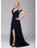 Cold Shoulder Navy Blue Chiffon Slit Long Prom Dress